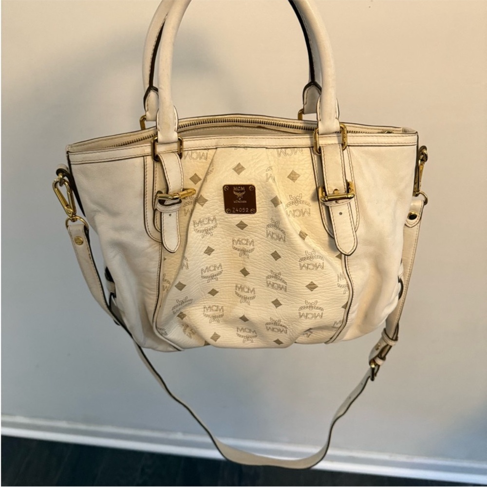 MCM Ivory Shoulder Bag with Gold Accents